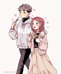  1boy 1girl arm_on_shoulder beige_skirt black_pants black_shirt blush_stickers cardigan casual cellphone couple cowboy_shot dango drawstring eating eyebrows eyelashes flower_(symbol) food grey_hair grin haikyuu!! happy height_difference hetero highres holding holding_food holding_phone hood hood_down hoodie korean_commentary long_skirt long_sleeves looking_to_the_side mitarashi_dango miya_osamu multicolored_hair necheuka_2d open_cardigan open_clothes pants phone pink_cardigan red_hair sanshoku_dango shirofuku_yukie shirt short_hair simple_background skewer skirt smile striped striped_hoodie teeth turtleneck twitter_username two-tone_hair wagashi walking 