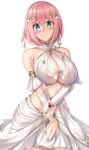  1girl amagi_korona bare_shoulders blue_eyes breasts bridal_gauntlets cleavage dress embarrassed gem hair_ornament highres jewelry large_breasts pink_hair princess_connect! princess_form_(princess_connect!) revealing_clothes short_hair solo white_dress yui_(princess_connect!) 