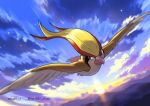  bird brown_eyes closed_mouth cloud commentary_request enishi_(menkura-rin10) flying gen_1_pokemon highres no_humans outdoors pidgeot pokemon pokemon_(creature) sideways_glance sky sun twilight twitter_username 