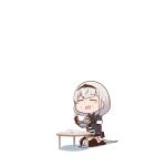  1girl blush_stickers chibi chopsticks closed_eyes commentary_request food food_on_face full_body grey_hair hairband hololive open_mouth pelvic_curtain popup seiza shirogane_noel sitting smile solo table thighhighs virtual_youtuber 