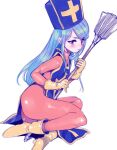  1girl amezawa_koma ankle_boots blue_hair blue_headwear blush bodysuit boots closed_mouth dragon_quest dragon_quest_iii from_side hat holding holding_staff long_hair looking_at_viewer looking_to_the_side mitre orange_bodysuit priest_(dq3) red_eyes simple_background sitting solo staff tabard white_background yellow_footwear yokozuwari 