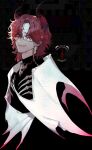  1boy animal_skull black_shirt closed_mouth dragon_wings fangs fangs_out glasses highres horns looking_at_viewer male_focus medium_hair original pigeon666 pointy_ears red_hair shirt smile solo wings 