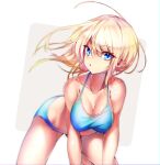  1girl :o absurdres bangs bent_over bikini blonde_hair blue_bikini breasts chromatic_aberration cleavage collarbone english_commentary eyebrows_visible_through_hair floating_hair hair_behind_ear highres hololive hololive_english looking_at_viewer medium_breasts medium_hair open_mouth solo sports_bikini swimsuit the0neulost virtual_youtuber watson_amelia 
