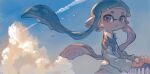  1girl blue_hair blush cloud cloudy_sky evening inkling looking_at_viewer pointy_ears silver_eyes sky solo splatoon_(series) taroji tears tentacle_hair 