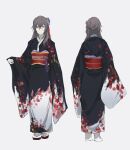  1girl black_kimono brown_hair cheonyeon-hi floral_print flower full_body girls_frontline hair_flower hair_ornament highres japanese_clothes kimono long_hair long_sleeves multiple_views obi official_alternate_costume sash scar scar_across_eye ump45_(girls_frontline) wide_sleeves 