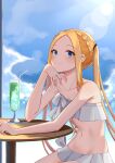  1girl abigail_williams_(fate) abigail_williams_(swimsuit_foreigner)_(fate) absurdres bangs bare_shoulders bikini blonde_hair blue_eyes blue_sky braid breasts crown_braid cup drinking_glass fate/grand_order fate_(series) forehead highres long_hair miniskirt navel parted_bangs pillow_(blackpirou) sidelocks sitting skirt sky small_breasts smile solo swimsuit table twintails very_long_hair white_bikini 
