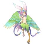  1girl armlet bare_shoulders bird_legs bird_tail blue_hair blue_pupils breasts carol_(clover_theater) clover_theater feather_hair_ornament feathered_wings feathers gradient_hair green_feathers green_wings hair_ornament harpy headdress heart-shaped_gem monster_girl multicolored_hair navel observerz official_art open_mouth pink_eyes pink_feathers pink_hair revealing_clothes small_breasts solo tail_feathers talons transparent_background winged_arms wings yellow_feathers 