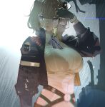  1girl bangs black-framed_eyewear blunt_bangs breasts brown_hair commission eyewear_removed girls_frontline glasses grizzly_mkv_(girls_frontline) holding holding_eyewear large_breasts purple_eyes rain see-through short_hair skeb_commission solo warashi wet wet_clothes wet_hair 