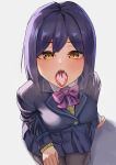  1girl amog bangs blazer blue_hair bow cum cum_in_mouth cum_on_tongue eyebrows_visible_through_hair jacket looking_at_viewer mole mole_under_eye nijisanji school_uniform shizuka_rin short_hair solo virtual_youtuber yellow_eyes 