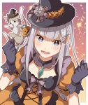  1girl :d alternate_costume bangs breasts choker cleavage dress emilia_(re:zero) english_commentary flower frilled_dress frills gem gloves hair_flower hair_ornament halloween_costume hat hat_flower highres lace lace_trim long_hair open_mouth orange_dress pointy_ears puck_(re:zero) puffy_short_sleeves puffy_sleeves purple_eyes re:zero_kara_hajimeru_isekai_seikatsu short_sleeves silver_hair smile solo watamato witch_hat 