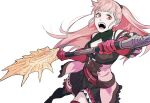  1girl axe belt black_dress black_footwear black_legwear boots breasts byuub commentary cowboy_shot detached_sleeves dress english_commentary fire_emblem fire_emblem:_three_houses freikugel_(weapon) gloves hilda_valentine_goneril holding holding_axe long_hair looking_at_viewer medium_breasts open_mouth pink_gloves pink_hair ponytail red_eyes simple_background solo teeth thigh_boots thighhighs underbust white_background 