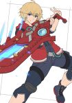  1boy ahoge armor blonde_hair blue_eyes gonzarez highres looking_at_viewer male_focus monado short_hair shulk_(xenoblade) simple_background smile solo sword vest weapon xenoblade_chronicles xenoblade_chronicles:_future_connected xenoblade_chronicles_(series) 