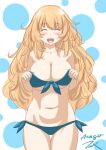  1girl artist_name atago_(kancolle) bikini blonde_hair blue_bikini breasts character_name cleavage closed_eyes collarbone commentary_request cowboy_shot facing_viewer front-tie_top highres kantai_collection large_breasts long_hair navel open_mouth side-tie_bikini smile solo swimsuit t2r thigh_gap 
