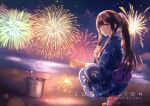  1girl artist_name barefoot beach blue_eyes blue_kimono brown_hair bucket clenched_hand cloud cloudy_sky commentary commentary_request commission english_text eye_reflection eyebrows eyebrows_visible_through_hair festival fireworks geta hair_over_shoulder highres holding holding_fireworks holding_sparkler japanese_clothes kimono long_hair long_sleeves looking_at_viewer night night_sky obi ocean open_mouth original partial_commentary ponytail reflection ribbon sash scenery sebu_illust senkou_hanabi sidelocks sky smile solo sparkler squatting very_long_hair white_ribbon wide_sleeves yukata 