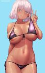  1girl :q areola_slip areolae bangs bikini blue_background blue_eyes blunt_bangs breasts collarbone commentary_request copyright_request dark-skinned_female dark_skin eyebrows_visible_through_hair large_breasts mochi_(mochi444420) navel pink_hair purple_bikini short_hair side-tie_bikini simple_background solo swimsuit tongue tongue_out twitter_username v wet 