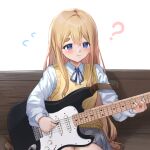  1girl ? bangs bench blonde_hair blue_eyes blue_ribbon blush closed_mouth collared_shirt commentary cowboy_shot eyebrows_visible_through_hair grey_skirt guitar instrument k-on! kotobuki_tsumugi long_hair long_sleeves looking_down music neck_ribbon on_bench pepeo playing_instrument pleated_skirt plectrum ribbon sakuragaoka_high_school_uniform school_uniform shirt sidelocks simple_background sitting skirt solo sweater_vest tearing_up thick_eyebrows white_background white_shirt yellow_sweater_vest 