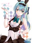  1girl alice_gear_aegis animal_ears blue_bow blue_eyes blue_hair blue_ribbon bow bowtie bunny_ears character_name closed_mouth detached_collar fake_animal_ears hand_on_hip highres kakerayuri leotard looking_at_viewer ochanomizu_mirie pantyhose playboy_bunny ribbon smile solo 