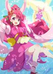  1girl :d animal_ears blue_background bunny_ears commentary_request cure_grace floating_hair glowing hair_ornament hanadera_nodoka hand_up healin&#039;_good_precure heart high_ponytail highres jacket japanese_clothes kimono long_hair long_sleeves looking_at_viewer magical_girl open_mouth outstretched_arm pink_kimono ponytail precure purple_eyes purple_jacket rabirin_(precure) red_footwear red_hair smile socks tsuyukina_fuzuki very_long_hair white_legwear wide_sleeves zouri 