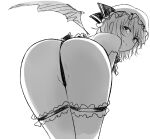  1girl ass ass_focus bangs bat_wings bent_over commentary from_behind greyscale hat leg_garter light_smile looking_at_viewer looking_back miyo_(ranthath) mob_cap monochrome panties partially_visible_vulva remilia_scarlet short_hair simple_background sketch solo string_panties touhou underwear white_background wings 