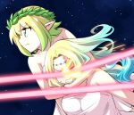  2girls aqua_hair bare_shoulders commentary dragon_gundam dress g-forest_goddess_(ishiyumi) g-spring_goddess_(ishiyumi) g_gundam gradient_hair green_hair gundam gundam_rose headlock highres ishiyumi laurel_crown long_hair multicolored_hair multiple_girls original peplos platinum_blonde_hair pointy_ears roman_clothes scene_reference short_hair space strapless strapless_dress tiara tiger_mask_(series) wavy_hair 