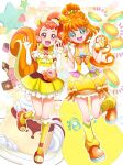  2girls :d animal_ears arisugawa_himari bangs blue_eyes brown_hair cure_custard cure_papaya earrings elbow_gloves eyebrows_visible_through_hair fingerless_gloves gloves hanzou high_ponytail highres ichinose_minori jewelry kirakira_precure_a_la_mode kneehighs layered_skirt leg_warmers long_hair looking_at_viewer miniskirt multiple_girls open_mouth orange_footwear orange_hair pleated_skirt precure red_eyes shiny shiny_hair side_ponytail skirt sleeveless smile squirrel_ears squirrel_tail standing standing_on_one_leg tail tropical-rouge!_precure white_gloves yellow_gloves yellow_legwear yellow_skirt 