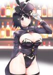  1girl adapted_costume akitsu_maru_(kancolle) alcohol animal_ears arm_up bangs black_eyes black_hair black_headwear black_legwear blush bottle breasts bunny_ears cleavage commentary_request cowboy_shot fake_animal_ears fishnet_legwear fishnets gloves groin hand_on_headwear hat highres kantai_collection large_breasts leotard looking_at_viewer military_hat peaked_cap playboy_bunny rampage_2nd shiny shiny_clothes short_hair solo thick_thighs thighhighs thighs white_gloves 