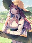  1girl arknights arm_up bagpipe_(arknights) bangs commentary_request cow farm fence food green_eyes hair_between_eyes hat holding holding_food ice_cream long_hair long_sleeves looking_at_viewer open_mouth orange_hair outdoors shirt simple_background smile solo straw_hat tanagawa_makoto teeth tongue tongue_out upper_body white_shirt wooden_fence 