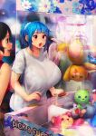  3girls absurdres against_glass arcade arcade_cabinet bag bangs black_hair blue_eyes blue_hair bra_visible_through_clothes breasts commentary controller crane_game curvy english_commentary erkaz handbag high_ponytail highres huge_breasts joystick medium_hair multiple_girls open_mouth original playing_games red_eyes rina_atherina see-through shirt short_sleeves stuffed_animal stuffed_toy white_shirt 