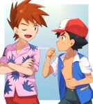  2boys ;d ash_ketchum bangs baseball_cap black_hair blue_jacket brown_eyes brown_hair buttons chitozen_(pri_zen) clenched_hands crossed_arms eye_contact gary_oak hat highres jacket looking_at_another male_focus multiple_boys one_eye_closed open_clothes open_jacket open_mouth parted_lips pink_shirt pokemon pokemon_(anime) pokemon_(classic_anime) red_headwear shirt short_hair short_sleeves smile spiked_hair tongue 