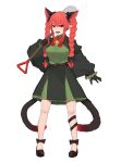  1girl :d absurdres animal_ear_fluff animal_ears bobby36446329 braid breasts cat_ears cat_tail dress extra_ears full_body green_dress highres holding holding_shovel kaenbyou_rin large_breasts long_hair multiple_tails nekomata open_mouth pointy_ears red_eyes red_hair shovel simple_background smile solo tail touhou twin_braids two_tails very_long_hair white_background 