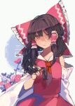  1girl absurdres bangs bare_shoulders bow brown_hair closed_mouth dress eyebrows_visible_through_hair flower hair_between_eyes hair_tubes hakurei_reimu hand_up highres long_sleeves looking_at_viewer medium_hair pink_bow pink_dress pink_flower purple_flower red_eyes red_neckwear shi_chimi simple_background solo touhou white_background white_sleeves 