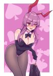  1girl absurdres animal_ears bangs black_legwear black_leotard black_neckwear blush bow bowtie breasts bunny_ears cleavage clothes_hanger club_(shape) detached_collar diamond_(shape) earrings elbow_gloves gloves heart highres jewelry leotard light_purple_hair long_hair moon_rabbit pantyhose playboy_bunny purple_hair red_eyes reisen_udongein_inaba spade_(shape) stank suit_jacket touhou very_long_hair 