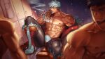  1boy 3boys abs bara bare_pectorals bulge cigarette erection erection_under_clothes facial_hair gloves goatee gyee highres jacket large_pectorals leg_up locker locker_room male_focus mature_male multiple_boys muscular muscular_male na_insoo navel niko_(gyee) nipples off_shoulder official_art open_clothes open_jacket pants pectorals red_eyes short_hair smoking solo_focus spiked_hair stomach sunglasses thick_thighs thighs tight tight_pants undressing white_hair 
