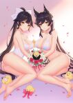  2girls absurdres animal_ear_fluff animal_ears atago_(azur_lane) atago_(midsummer_march)_(azur_lane) azur_lane bangs bikini black_hair blush bouquet breasts cha_yan_guan_se cleavage collarbone dog_ears dog_girl feet flower hair_ornament highres large_breasts legs long_hair looking_at_viewer manjuu_(azur_lane) multiple_girls official_alternate_costume one-piece_swimsuit parted_lips petals ponytail rose sideboob swimsuit takao_(azur_lane) takao_(beach_rhapsody)_(azur_lane) thighs toes tuxedo white_swimsuit yellow_eyes 