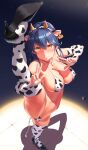  1girl alternate_costume animal animal_ears animal_print bangs bare_shoulders bell bikini black_footwear black_hair blue_hair blush breasts brown_eyes bunny cameltoe cleavage commentary_request cow_ears cow_horns cow_print cow_tail double_v elbow_gloves eyebrows_visible_through_hair from_above full_body gloves hair_between_eyes high_heels highleg highleg_bikini highres horns kantai_collection large_breasts long_hair looking_at_viewer moose_(moosemitchell2) navel pet shadow solo split standing standing_on_one_leg standing_split stomach string_bikini sweatdrop swimsuit tail thighhighs ushio_(kancolle) v white_gloves white_legwear 