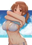  1girl armpits bikini blue_shirt blue_sky blush breasts brown_eyes brown_hair cleavage cloud cowboy_shot day idolmaster idolmaster_cinderella_girls large_breasts looking_at_viewer navel outdoors ribbon shirt short_hair short_twintails side-tie_bikini sky sleeveless sleeveless_shirt solo stomach string_bikini swimsuit tomajiyama totoki_airi twintails undressing white_bikini white_ribbon 