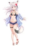  1girl akino_ell animal_ears bare_shoulders bikini black_bikini blue_jacket blue_shorts breasts cleavage collar collarbone cutoffs drawstring floating_hair flower fox_ears fox_girl fox_tail full_body hair_flower hair_ornament halter_top halterneck hibiscus highres jacket large_breasts legs long_hair long_sleeves looking_at_viewer micro_shorts navel off_shoulder open_clothes open_jacket original red_eyes sandals scrunchie see-through shorts simple_background smile solo stomach string_bikini swimsuit tail thigh_strap thighs white_background white_hair x_hair_ornament 
