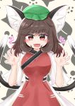  1girl :d absurdres animal_ear_fluff animal_ears bangs blush breasts brown_eyes brown_hair cat_ears cat_tail chen claw_pose cowboy_shot dress earrings eyebrows_visible_through_hair fangs grey_background hansoku_tantei_satori hat highres jewelry large_breasts medium_hair mob_cap multiple_tails nekomata open_mouth oppai_loli outline red_dress riru_neko simple_background single_earring slit_pupils smile solo tabard tail touhou two_tails white_outline 