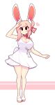  1girl animal_ears bare_arms bare_legs bare_shoulders breasts bunny_ears commentary disconnected_mouth dress english_commentary eyebrows_visible_through_hair fiz_(fizintine) fizintine full_body hair_bun heart highres large_breasts looking_at_viewer neck_ribbon no_pupils original pink_hair red_neckwear red_ribbon ribbon salute simple_background sleeveless sleeveless_dress smile solo white_background white_dress 