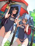  2girls absurdres backpack bag black_hair blue_hair blush breasts c-33_andvari covered_navel eyepatch green_eyes hair_ribbon hat highres huge_filesize last_origin long_hair lrl multiple_girls parasol randoseru ribbon school_swimsuit screen small_breasts swimsuit thighhighs twintails umbrella witch_hat yellow_eyes yume_no_hana_(sbac0019) 