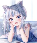  1girl :d animal_ear_fluff animal_ears bangs blue_dress blue_eyes blue_hair blunt_bangs blush cat_ears commentary dress eyebrows_visible_through_hair gawr_gura hands_on_own_cheeks hands_on_own_face head_rest highres hololive indoors long_hair looking_at_viewer lying multicolored_hair official_alternate_costume on_stomach open_mouth sharp_teeth shishou_(doragyurosu) side_ponytail smile solo streaked_hair teeth under_covers upper_teeth virtual_youtuber white_hair window 