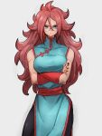  1girl android_21 blue_dress blue_eyes breasts chi-chi_(dragon_ball) chi-chi_(dragon_ball)_(cosplay) china_dress chinese_clothes cosplay crossed_arms dragon_ball dragon_ball_(classic) dragon_ball_fighterz dress earrings glasses grey_background hair_between_eyes hoop_earrings jewelry kemachiku long_hair looking_at_viewer medium_breasts pantyhose red_hair simple_background solo 