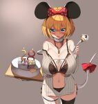  1girl absurdres animal_ears birthday blonde_hair blue_eyes blush bra breasts cake choker cleavage food hair_ribbon happy_birthday highres jewelry large_breasts last_origin looking_back mouse_ears navel necklace p/a-00_griffon panties ribbed_sweater ribbon short_hair side-tie_panties single_thighhigh solo sweater tail tail_ornament tail_ribbon thigh_strap thighhighs underwear yume_no_hana_(sbac0019) 