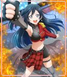  1girl :d arm_up armpits asymmetrical_gloves asymmetrical_legwear asymmetrical_sleeves bangs belt belt_buckle black_belt black_gloves black_hair black_shorts blue_hair breasts buckle card_(medium) cleavage detached_sleeves dive!_(love_live!) earrings fingerless_gloves fire floating_hair from_above gloves gradient_hair grey_eyes grey_legwear grey_sleeves hanzou highres index_finger_raised jewelry long_hair long_sleeves love_live! love_live!_nijigasaki_high_school_idol_club medium_breasts midriff multicolored_hair navel open_mouth shiny shiny_hair short_shorts shorts side_ponytail single_glove single_thighhigh smile solo standing star_(symbol) star_earrings stomach thigh_strap thighhighs very_long_hair yuuki_setsuna_(love_live!) 