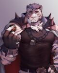  1boy animal_ears arknights bandaged_hands bandages bara black_tank_top chain_necklace chest_tuft covered_abs covered_nipples cowboy_shot da_luode furry hand_on_hip highres holding large_pectorals male_focus mountain_(arknights) muscular muscular_male pants pectorals sad scar scar_across_eye short_hair shoulder_spikes solo spikes tank_top thick_eyebrows tiger_boy tiger_ears white_fur white_hair white_pants 