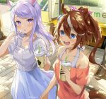 2girls :d :o animal_ears arm_up bangs bare_shoulders blue_eyes blue_skirt bow breasts brown_hair cafe casual cup disposable_cup drinking_straw eyebrows_visible_through_hair hair_between_eyes hair_bow highres horse_ears horse_girl horse_tail jewelry long_hair looking_at_viewer medium_breasts mejiro_mcqueen_(umamusume) multicolored_hair multiple_girls necklace off-shoulder_shirt off_shoulder open_mouth outdoors pink_shirt pleated_skirt ponytail purple_eyes purple_hair rokcha shirt short_sleeves skirt smile streaked_hair tail tokai_teio_(umamusume) two-tone_hair umamusume white_shirt 