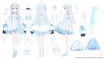  ahoge amatsuka_uto angel angel_wings blue_eyes blue_hair concept_art detached_sleeves dip-dyed_hair dress full_body hair_ornament hairclip halter_dress halterneck highres indie_virtual_youtuber nabi_(uz02) off-shoulder_dress off_shoulder silver_dress twintails virtual_youtuber wing_hair_ornament wings 