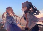  2girls absurdres animal_ears arknights cat_ears cat_tail ceylon_(arknights) city cityscape cloud dress eight-b evening gloves green_hair hat highres long_hair looking_at_viewer multiple_girls orange_eyes pink_hair ponytail ribbon schwarz_(arknights) shorts sky tail yellow_eyes 