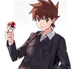  1boy backpack bag bangs brown_hair closed_mouth commentary_request gary_oak green_eyes hand_up holding holding_poke_ball ingameduck jacket korean_commentary long_sleeves male_focus poke_ball poke_ball_(basic) pokemon pokemon_(anime) pokemon_swsh_(anime) short_hair smile solo spiked_hair white_background 