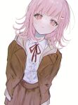  1girl bangs blush brown_jacket closed_mouth cowboy_shot danganronpa_(series) danganronpa_3_(anime) eyebrows_visible_through_hair flipped_hair hair_ornament hairclip highres hope&#039;s_peak_academy_school_uniform jacket long_sleeves looking_at_viewer medium_hair nanami_chiaki neck_ribbon nokoru_sora open_clothes pink_eyes pleated_skirt red_ribbon ribbon school_uniform shirt simple_background skirt smile solo white_background white_shirt 